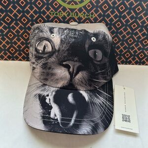 Tory Burch Cat Printed Baseball Cap Hat Small Cat Portrait Gray